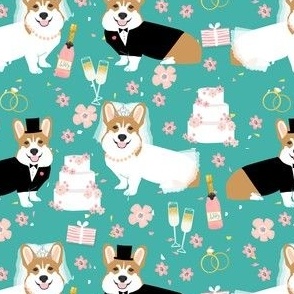 corgi wedding dog fabric - cute corgis, bride, groom, champagne, celebration - teal