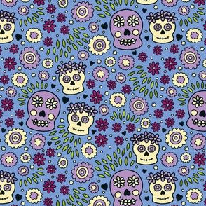 Sugar Skulls and Flowers in Blue & Purple