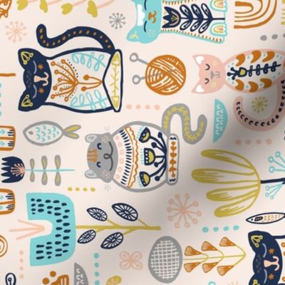 TEA TOWEL Sweet Scandi Cats // Felines + Florals in Blush, Copper, Goldenrod, Pool Blue, Navy, and Stone // Scandinavian Flowers, Cats, Yarn, Fish, Leaves, Botanicals, Knitting, Nordic, Hygge, Starburst, Geometric, Kitties