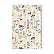 TEA TOWEL Sweet Scandi Cats // Felines + Florals in Blush, Copper, Goldenrod, Pool Blue, Navy, and Stone // Scandinavian Flowers, Cats, Yarn, Fish, Leaves, Botanicals, Knitting, Nordic, Hygge, Starburst, Geometric, Kitties