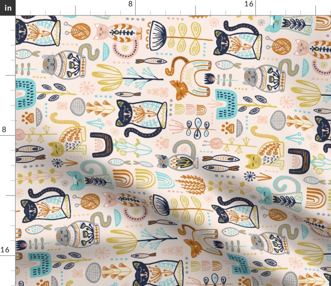 TEA TOWEL Sweet Scandi Cats // Felines + Florals in Blush, Copper, Goldenrod, Pool Blue, Navy, and Stone // Scandinavian Flowers, Cats, Yarn, Fish, Leaves, Botanicals, Knitting, Nordic, Hygge, Starburst, Geometric, Kitties