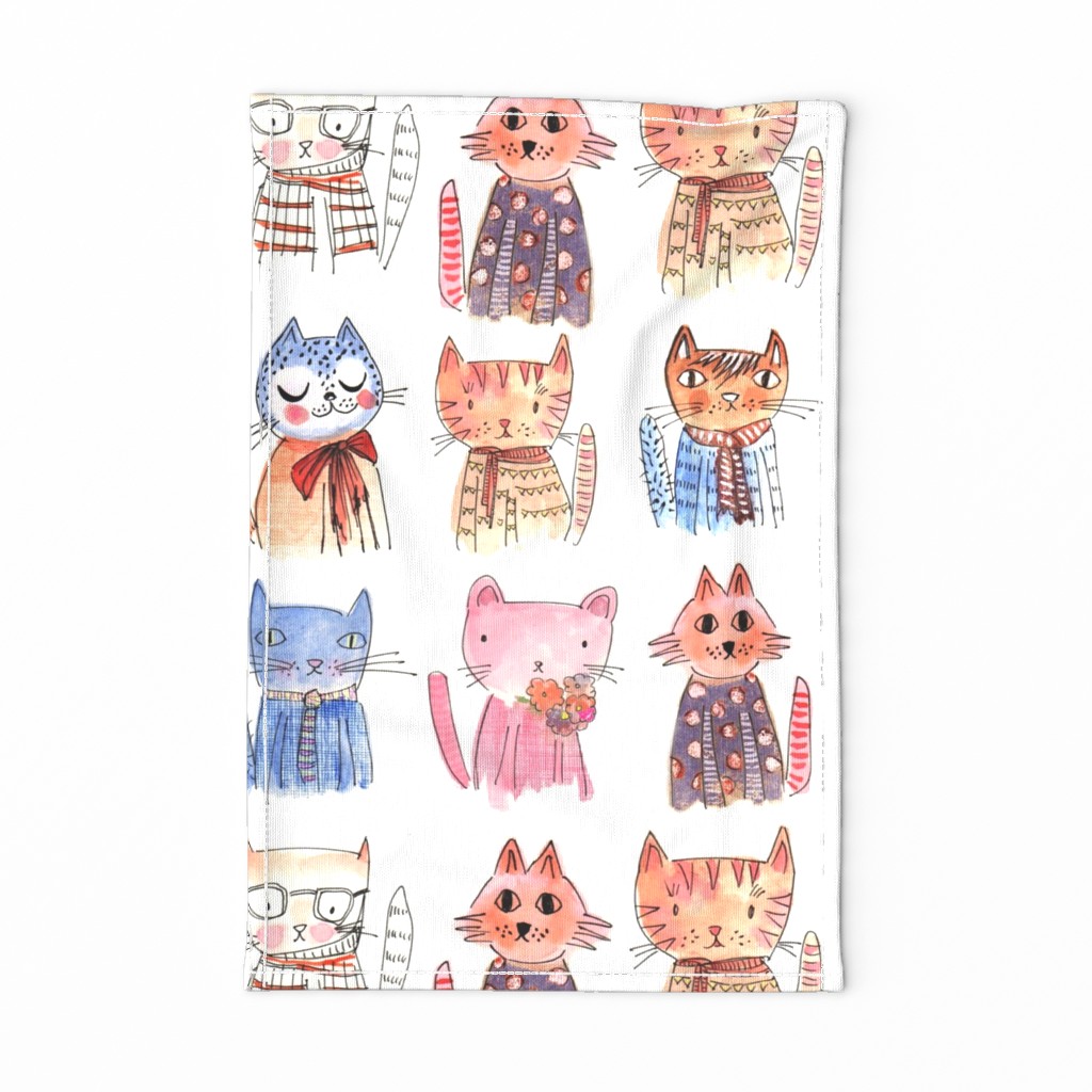 Happy Kitty CATS sketch  illustrations tea towel