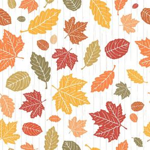 Autumn Walk in the Park // Brightly Colored Scattered Fall Leaves on a Textured White Shiplap Background (RR for Fat Quarter Tea Towels)