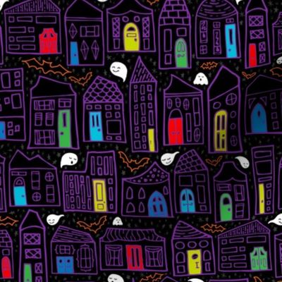 Happy Haunted House City // Colored Doors, Quirky Houses, Smiling Ghosts, and Friendly Bats // Home for Halloween