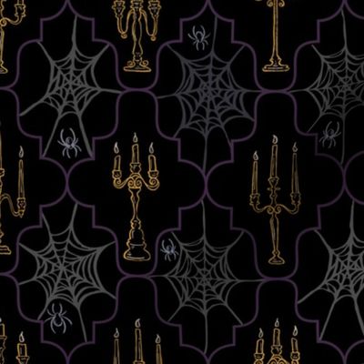 Creepy Golden Candelabras and Spiderwebs // Eggplant Purple Geometric Gallery // Hand Drawn Halloween Haunted House