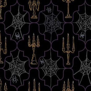 Creepy Golden Candelabras and Spiderwebs // Eggplant Purple Geometric Gallery // Hand Drawn Halloween Haunted House