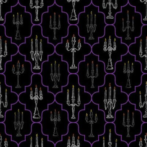 Creepy Candelabras with Colored Flames in Purple Geometric Design // © ZirkusDesign Hand Drawn Halloween Haunted House // candles, flickering, flames, gothic, black, purple, white