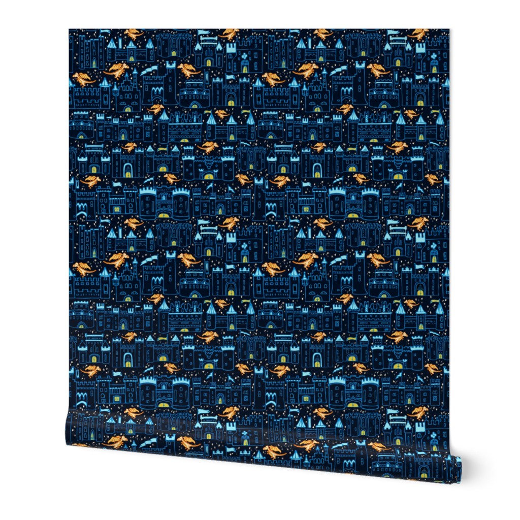 Royal Blue Castles on Dark Navy Background with Friendly Orange Dragons // Medieval Happy City // Historical Castles, Towers, Banners, & Dragons on Starry Sky Background