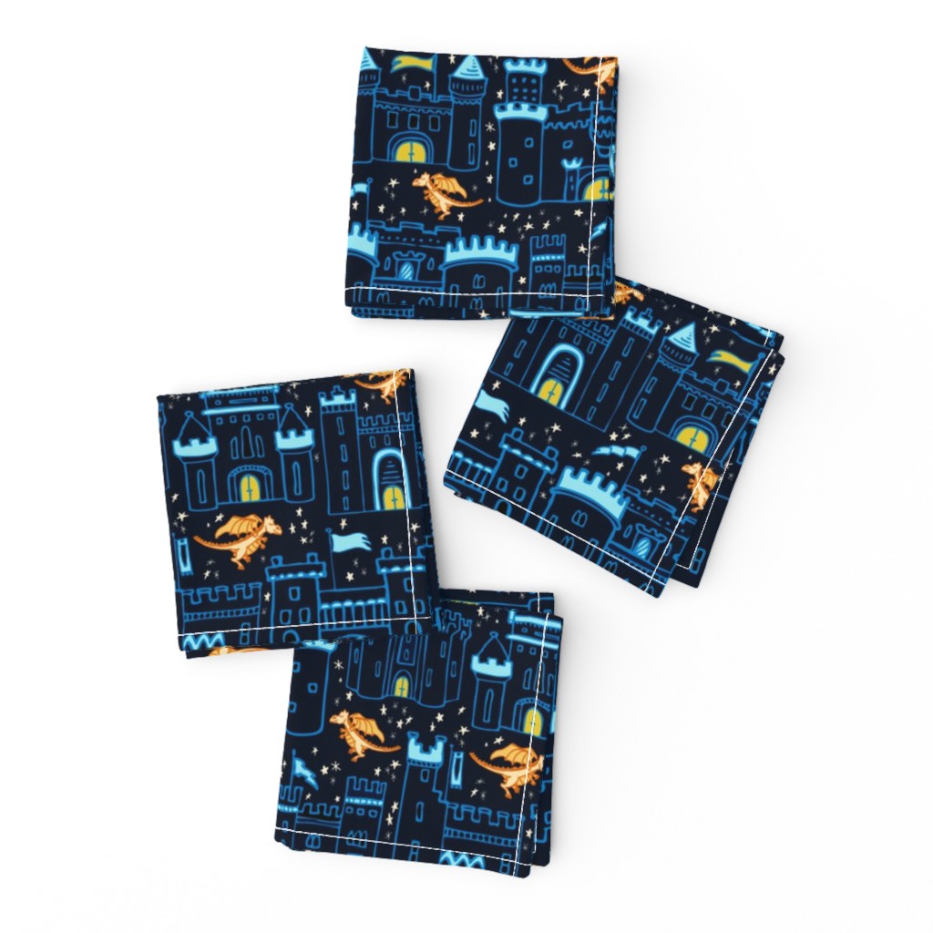 Royal Blue Castles on Dark Navy Background with Friendly Orange Dragons // Medieval Happy City // Historical Castles, Towers, Banners, & Dragons on Starry Sky Background