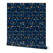 Royal Blue Castles on Dark Navy Background with Friendly Orange Dragons // Medieval Happy City // Historical Castles, Towers, Banners, & Dragons on Starry Sky Background