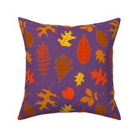 Fall Leaves Pattern on Purple with Colorful Leaf Illustrations