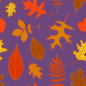 Fall Leaves Pattern on Purple with Colorful Leaf Illustrations