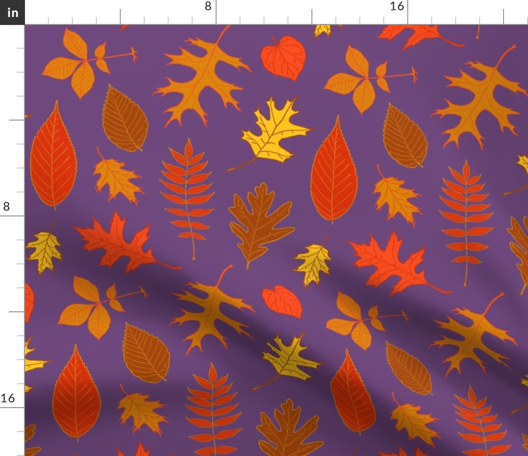 Fall Leaves Pattern on Purple with Colorful Leaf Illustrations