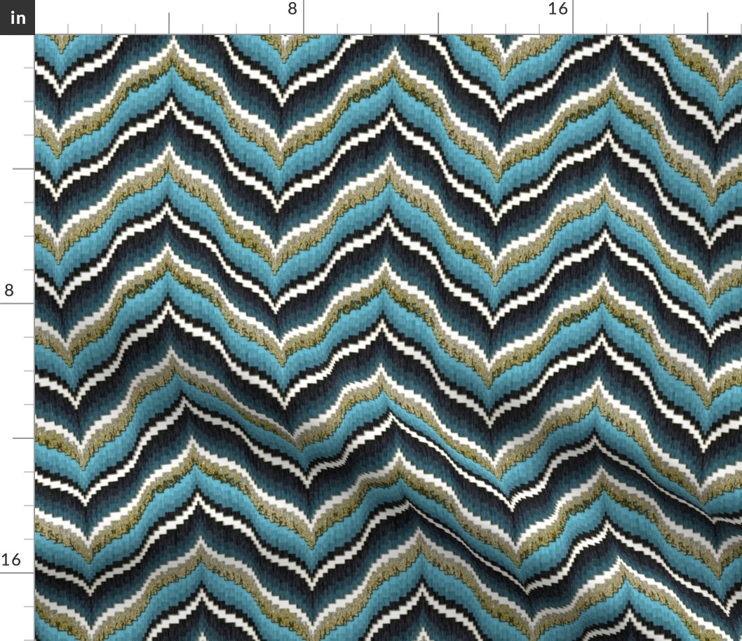 Bargello Curved Chevrons in Light Blue With Faux Gold