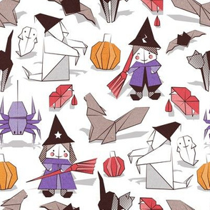 Halloween origami tricks // white background white and coloured paper and cardboard geometric witches cats ghosts spiders wolfs bats Dracula lips and pumpkins