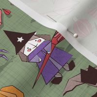 Halloween origami tricks // sage green linen texture background white and coloured paper and cardboard geometric witches cats ghosts spiders wolfs bats Dracula lips and pumpkins