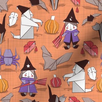 Halloween origami tricks // orange linen texture background white and coloured paper and cardboard geometric witches cats ghosts spiders wolfs bats Dracula lips and pumpkins