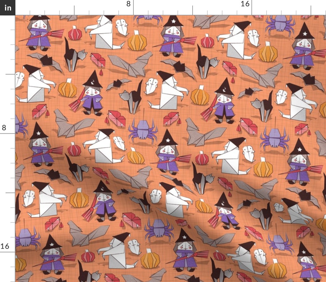 Halloween origami tricks // orange linen texture background white and coloured paper and cardboard geometric witches cats ghosts spiders wolfs bats Dracula lips and pumpkins