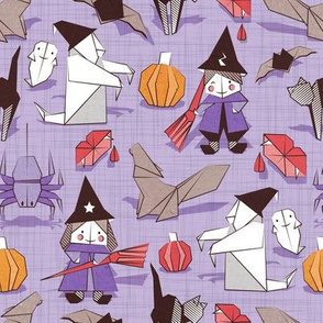 Halloween origami tricks // violet linen texture background white and coloured paper and cardboard geometric witches cats ghosts spiders wolfs bats Dracula lips and pumpkins
