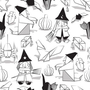 Halloween origami tricks // coloring black and white paper geometric witches cats ghosts spiders wolfs bats Dracula lips and pumpkins