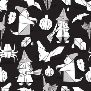 Halloween origami tricks // coloring black and white paper geometric witches cats ghosts spiders wolfs bats Dracula lips and pumpkins