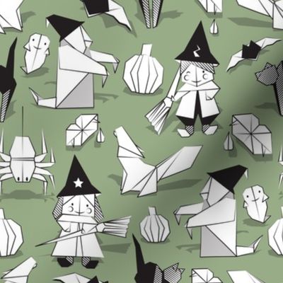 Halloween origami tricks // sage green background black and white paper geometric witches cats ghosts spiders wolfs bats Dracula lips and pumpkins