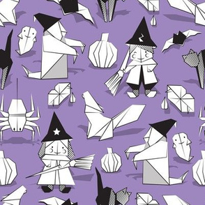 Halloween origami tricks // violet background black and white paper geometric witches cats ghosts spiders wolfs bats Dracula lips and pumpkins