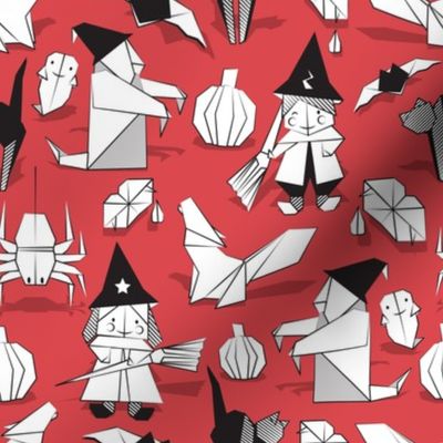 Halloween origami tricks // red background black and white paper geometric witches cats ghosts spiders wolfs bats Dracula lips and pumpkins