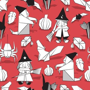 Halloween origami tricks // red background black and white paper geometric witches cats ghosts spiders wolfs bats Dracula lips and pumpkins