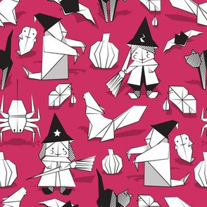 Halloween origami tricks // pink background black and white paper geometric witches cats ghosts spiders wolfs bats Dracula lips and pumpkins