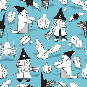 Halloween origami tricks // blue background black and white paper geometric witches cats ghosts spiders wolfs bats Dracula lips and pumpkins