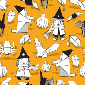 Halloween origami tricks // yellow mustard background black and white paper geometric witches cats ghosts spiders wolfs bats Dracula lips and pumpkins