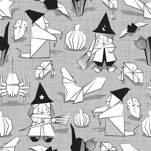 Halloween origami tricks // grey linen texture background black and white paper geometric witches cats ghosts spiders wolfs bats Dracula lips and pumpkins
