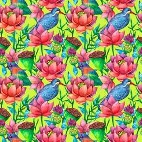 Colorful botanical pattern with flowers and birds on yellow background