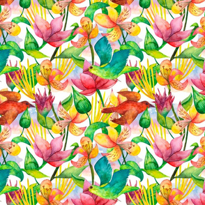 Botanic watercolor seamless pattern with pink and yellow flowers and birds on white