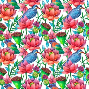 Botanical watercolor seamless background with lotus flowers and exotic birds