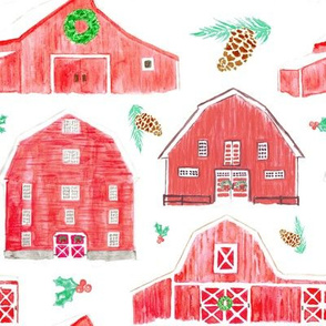 Watercolor Snowy Red Holiday Barns