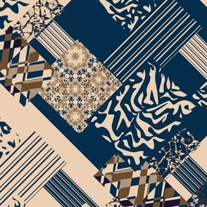 Abstract beige and blue rustic patch pattern 