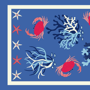 Crabs Tea Towel - blue and coral
