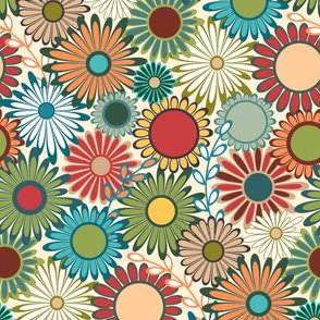 Colorful MCM Flower Pattern // Cerulean, Burgundy, Red, Orange, Yellow, Green, Forest Green, Blue,, Khaki, Taupe, Cream, Ivory, White // Jumbo Scale