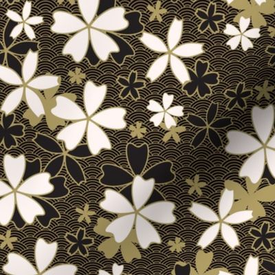 Japanese classic Sakura floral with golden stroke and black waves