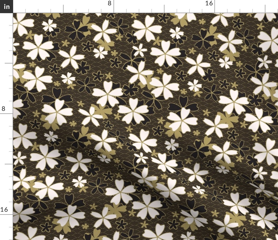 Japanese classic Sakura floral with golden stroke and black waves