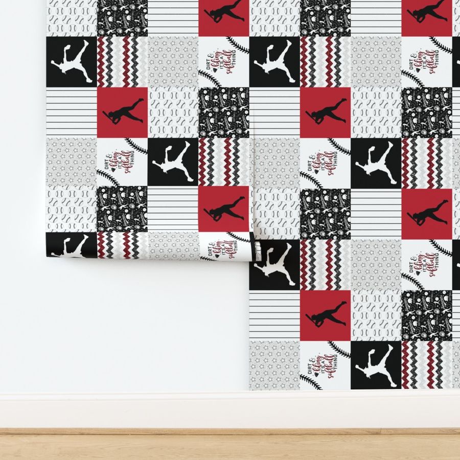 Softball//Dirt&Bling//Red - Wholecloth Cheater Quilt - Rotated