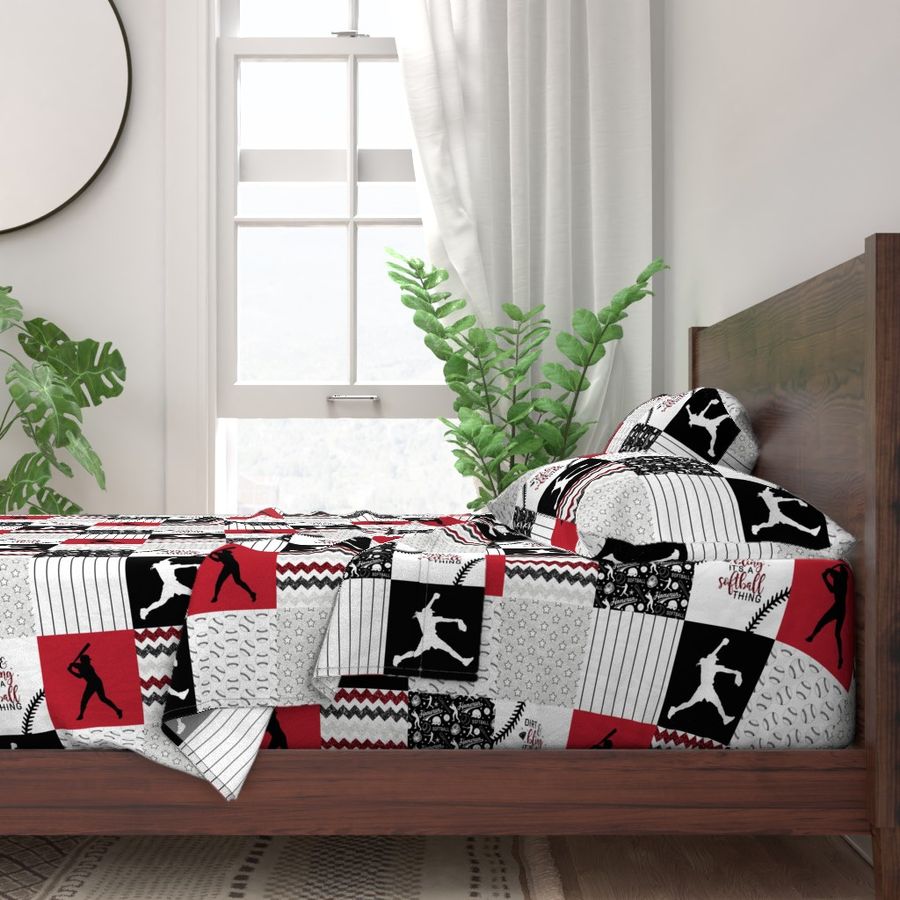 Softball//Dirt&Bling//Red - Wholecloth Cheater Quilt - Rotated