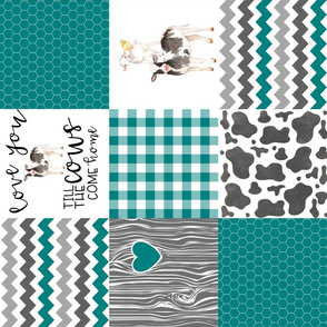 Farm//Love you till the cows come home//Teal - Wholecloth cheater Quilt - rotated