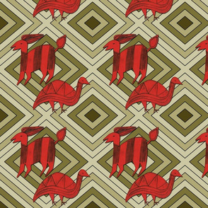 Red Antelope & Guinea Fowl on Olive Green