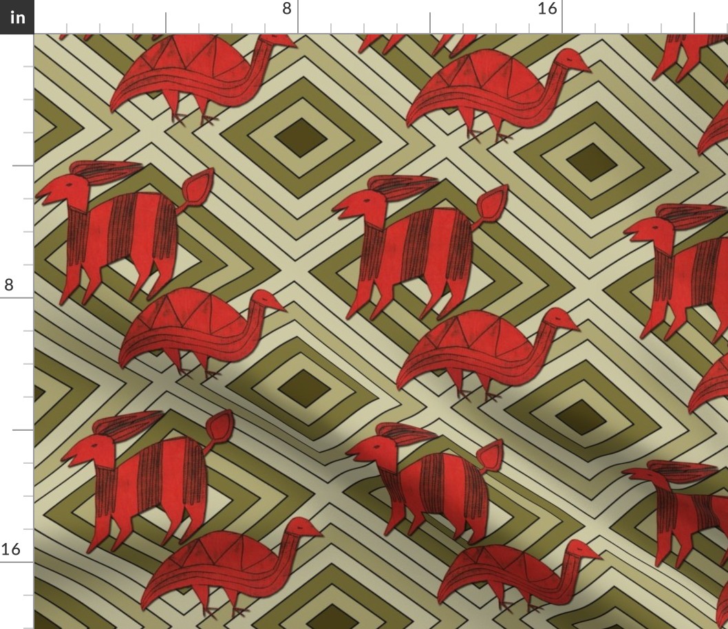 Red Antelope & Guinea Fowl on Olive Green