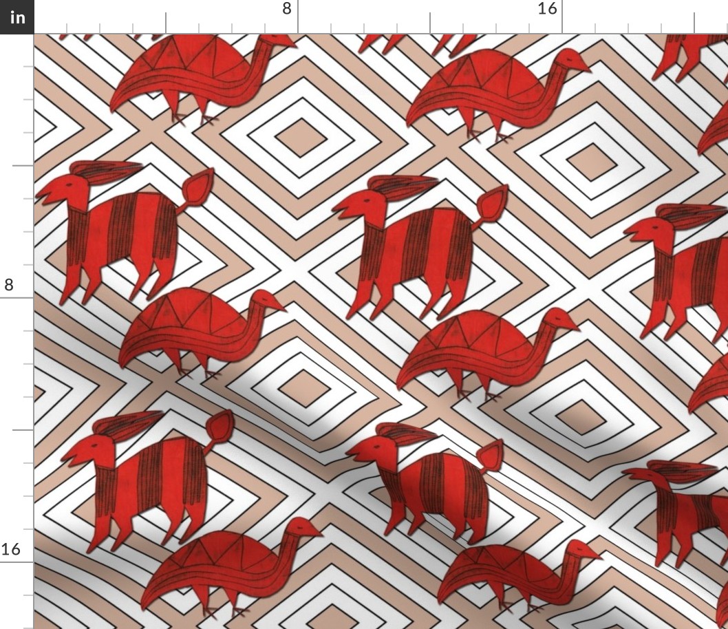 Red Antelope & Guinea Fowl on Taupe & White