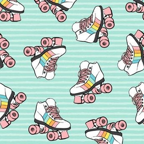 roller skates - pink on aqua stripes