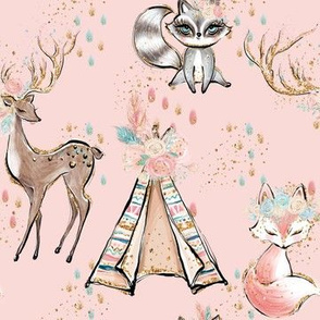 Boho Blush Forest Friends Deer Racoon Fox Floral Tent animals